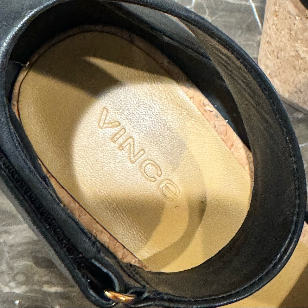 Vince Kensey Black Leather Cork Wedge Sandals - Picture 10 of 11
